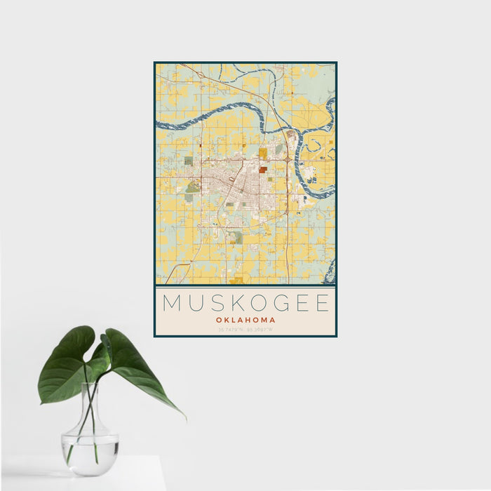 16x24 Muskogee Oklahoma Map Print Portrait Orientation in Woodblock Style With Tropical Plant Leaves in Water