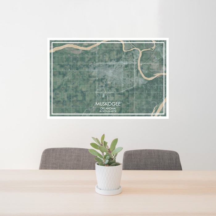 24x36 Muskogee Oklahoma Map Print Lanscape Orientation in Afternoon Style Behind 2 Chairs Table and Potted Plant