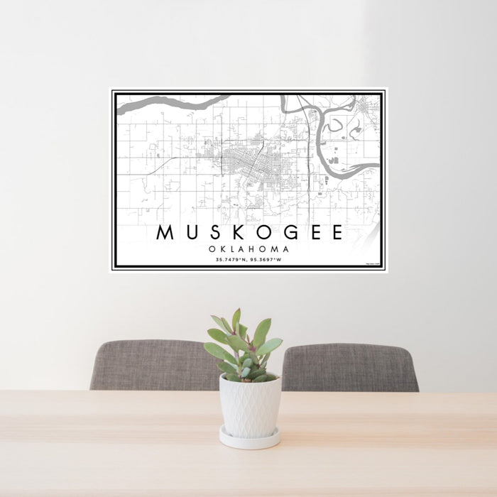 24x36 Muskogee Oklahoma Map Print Lanscape Orientation in Classic Style Behind 2 Chairs Table and Potted Plant