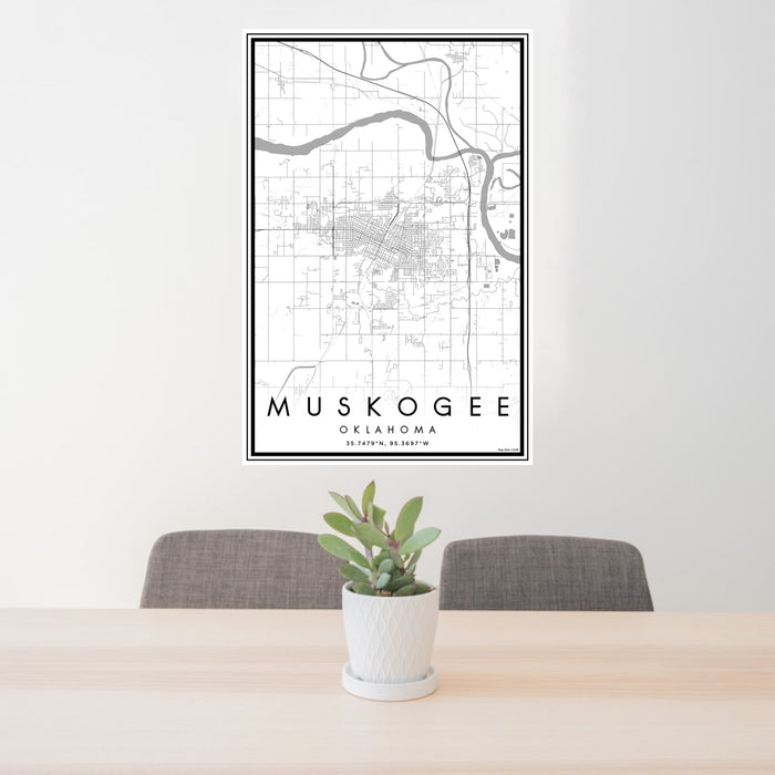 24x36 Muskogee Oklahoma Map Print Portrait Orientation in Classic Style Behind 2 Chairs Table and Potted Plant