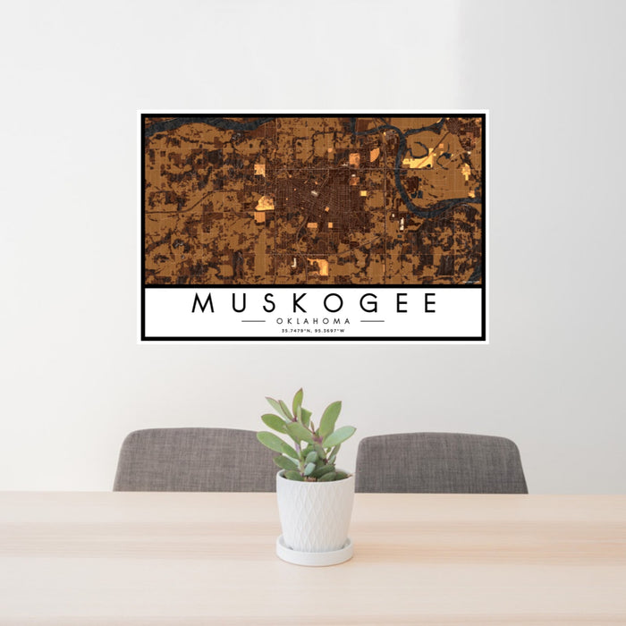 24x36 Muskogee Oklahoma Map Print Lanscape Orientation in Ember Style Behind 2 Chairs Table and Potted Plant