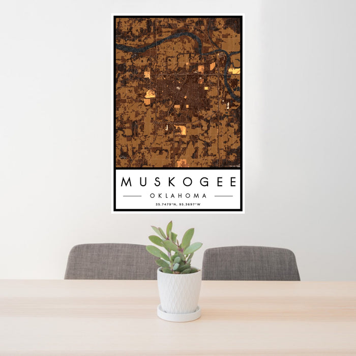 24x36 Muskogee Oklahoma Map Print Portrait Orientation in Ember Style Behind 2 Chairs Table and Potted Plant