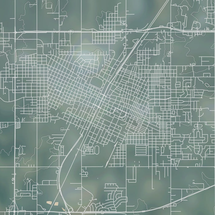 Muskogee Oklahoma Map Print in Afternoon Style Zoomed In Close Up Showing Details