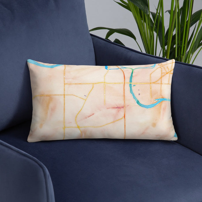 Custom Muskogee Oklahoma Map Throw Pillow in Watercolor on Blue Colored Chair