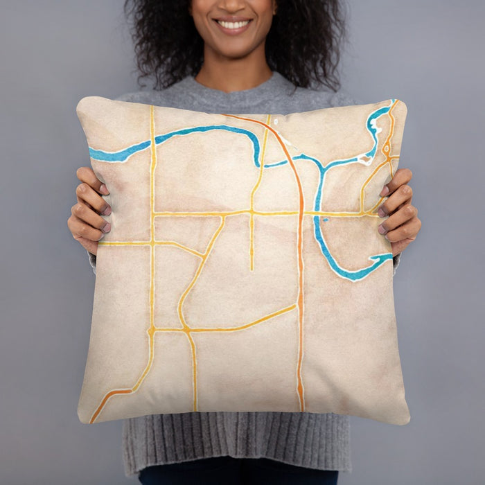 Person holding 18x18 Custom Muskogee Oklahoma Map Throw Pillow in Watercolor