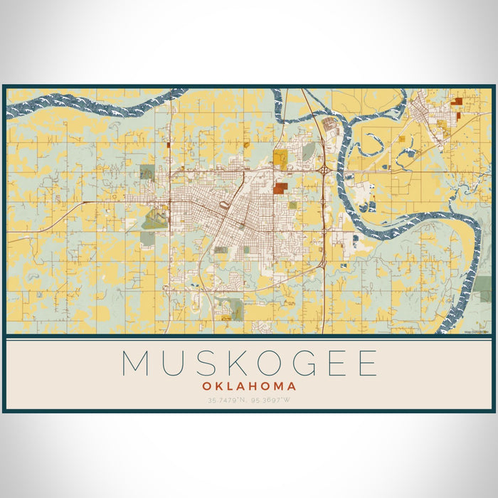 Muskogee Oklahoma Map Print Landscape Orientation in Woodblock Style With Shaded Background