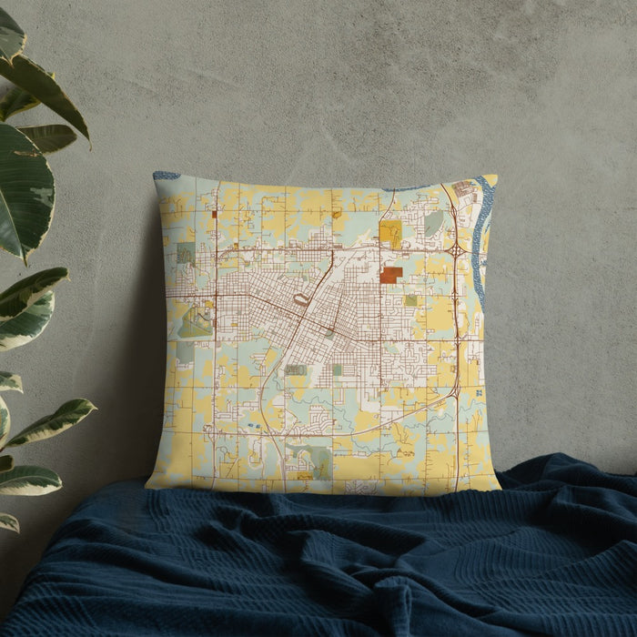 Custom Muskogee Oklahoma Map Throw Pillow in Woodblock on Bedding Against Wall