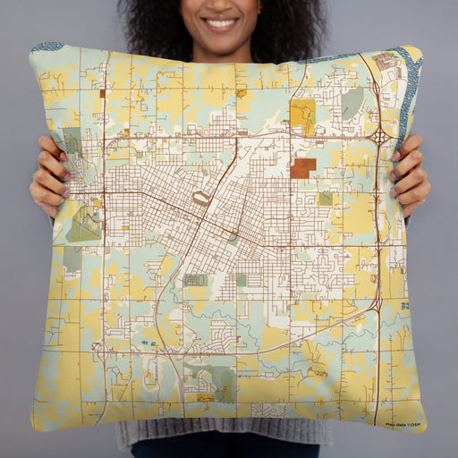 Person holding 22x22 Custom Muskogee Oklahoma Map Throw Pillow in Woodblock