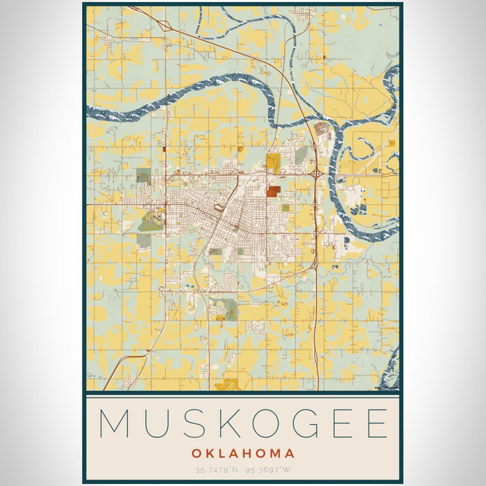 Muskogee Oklahoma Map Print Portrait Orientation in Woodblock Style With Shaded Background