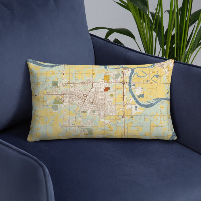 Custom Muskogee Oklahoma Map Throw Pillow in Woodblock on Blue Colored Chair