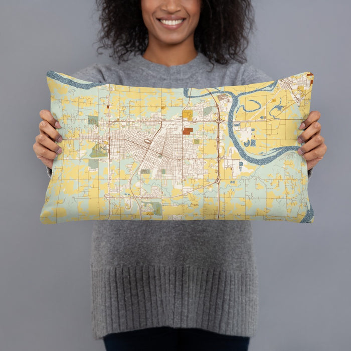 Person holding 20x12 Custom Muskogee Oklahoma Map Throw Pillow in Woodblock