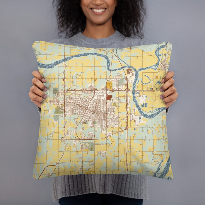 Person holding 18x18 Custom Muskogee Oklahoma Map Throw Pillow in Woodblock