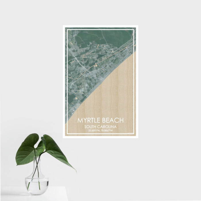 16x24 Myrtle Beach South Carolina Map Print Portrait Orientation in Afternoon Style With Tropical Plant Leaves in Water