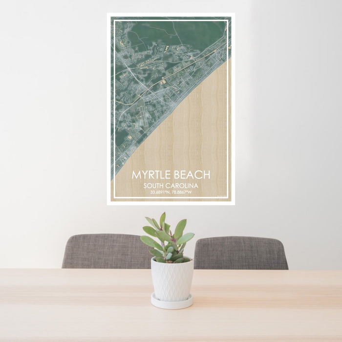24x36 Myrtle Beach South Carolina Map Print Portrait Orientation in Afternoon Style Behind 2 Chairs Table and Potted Plant