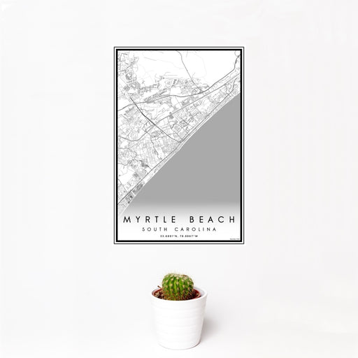 12x18 Myrtle Beach South Carolina Map Print Portrait Orientation in Classic Style With Small Cactus Plant in White Planter