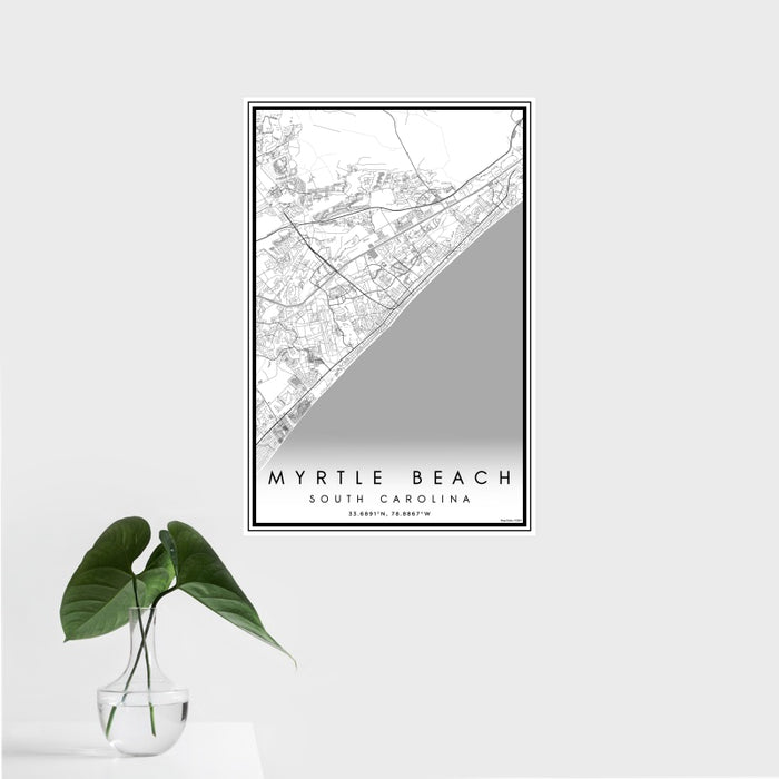 16x24 Myrtle Beach South Carolina Map Print Portrait Orientation in Classic Style With Tropical Plant Leaves in Water