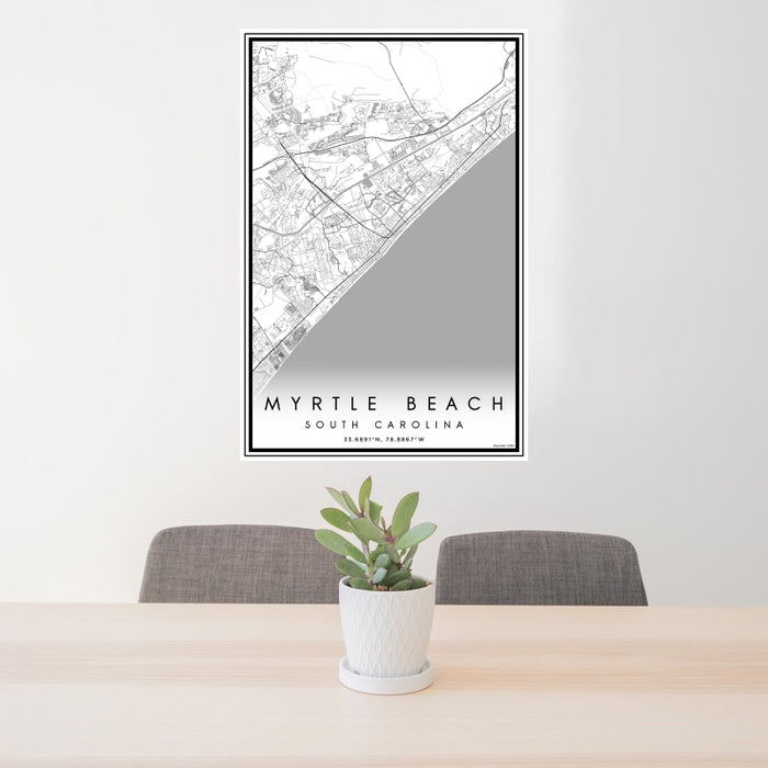 24x36 Myrtle Beach South Carolina Map Print Portrait Orientation in Classic Style Behind 2 Chairs Table and Potted Plant