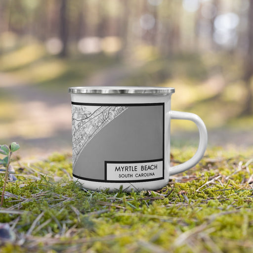 Right View Custom Myrtle Beach South Carolina Map Enamel Mug in Classic on Grass With Trees in Background