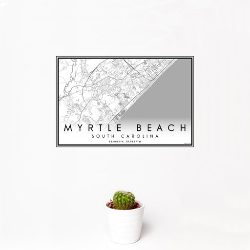 12x18 Myrtle Beach South Carolina Map Print Landscape Orientation in Classic Style With Small Cactus Plant in White Planter