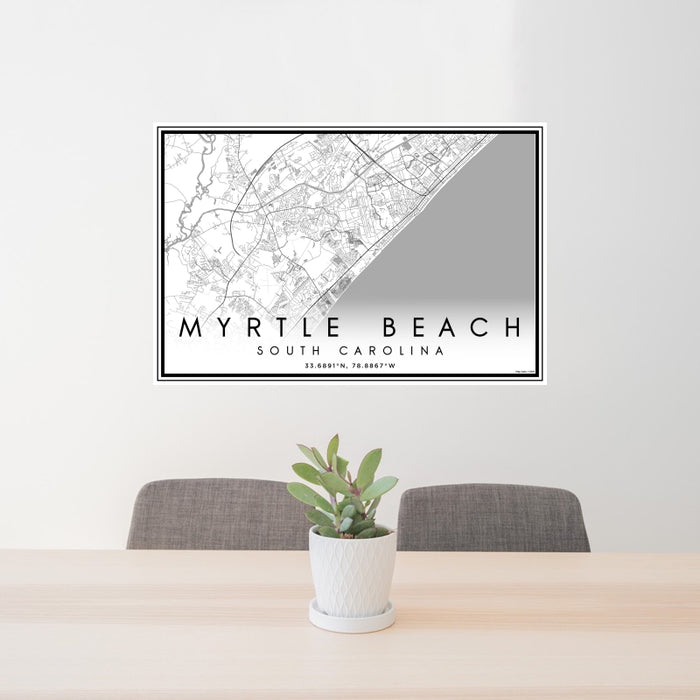 24x36 Myrtle Beach South Carolina Map Print Landscape Orientation in Classic Style Behind 2 Chairs Table and Potted Plant