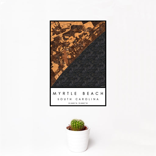 12x18 Myrtle Beach South Carolina Map Print Portrait Orientation in Ember Style With Small Cactus Plant in White Planter