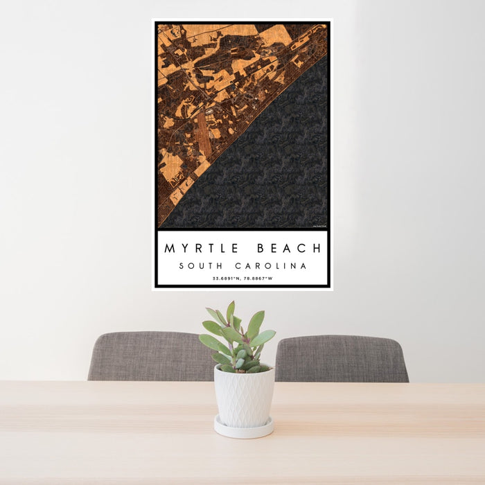 24x36 Myrtle Beach South Carolina Map Print Portrait Orientation in Ember Style Behind 2 Chairs Table and Potted Plant