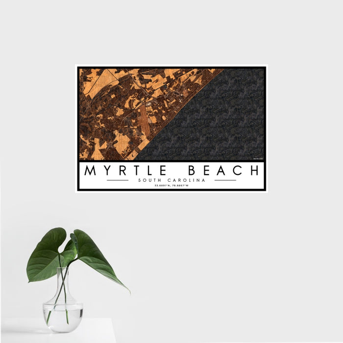 16x24 Myrtle Beach South Carolina Map Print Landscape Orientation in Ember Style With Tropical Plant Leaves in Water