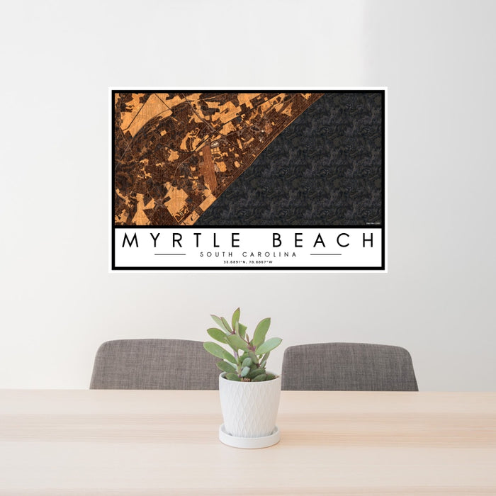 24x36 Myrtle Beach South Carolina Map Print Landscape Orientation in Ember Style Behind 2 Chairs Table and Potted Plant