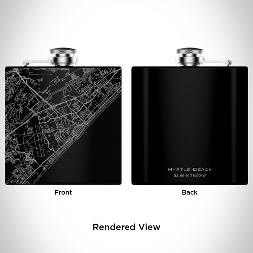 Rendered View of Myrtle Beach South Carolina Map Engraving on 6oz Stainless Steel Flask in Black