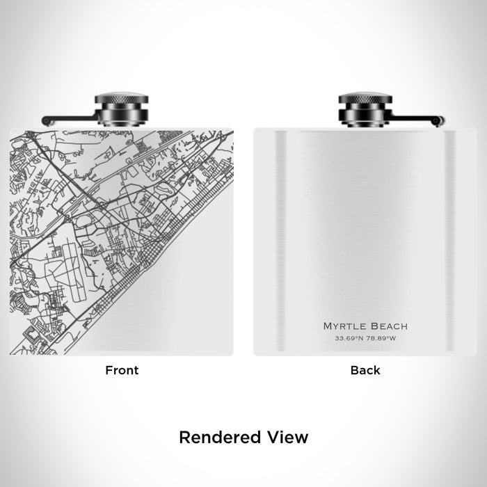 Rendered View of Myrtle Beach South Carolina Map Engraving on 6oz Stainless Steel Flask in White