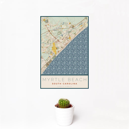 12x18 Myrtle Beach South Carolina Map Print Portrait Orientation in Woodblock Style With Small Cactus Plant in White Planter