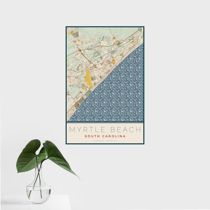 16x24 Myrtle Beach South Carolina Map Print Portrait Orientation in Woodblock Style With Tropical Plant Leaves in Water