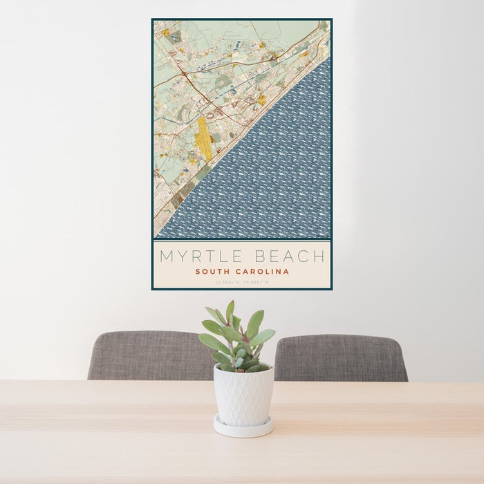 24x36 Myrtle Beach South Carolina Map Print Portrait Orientation in Woodblock Style Behind 2 Chairs Table and Potted Plant