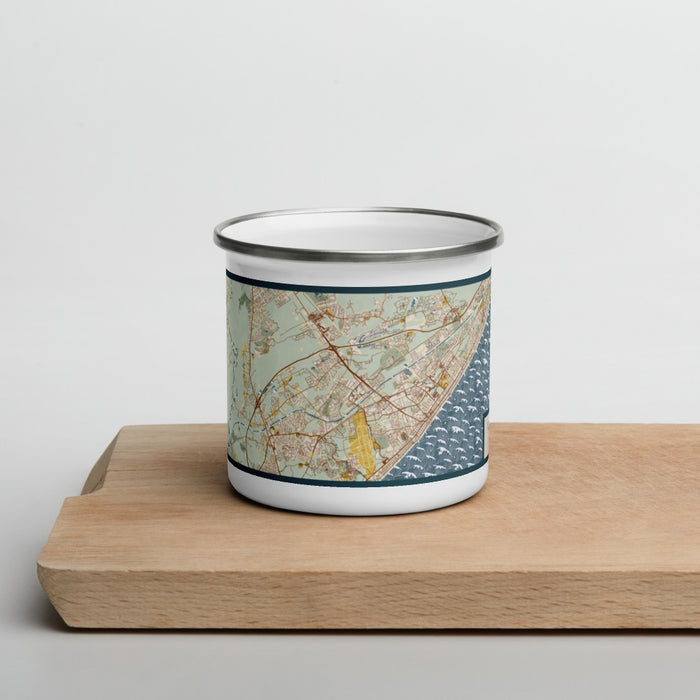 Front View Custom Myrtle Beach South Carolina Map Enamel Mug in Woodblock on Cutting Board