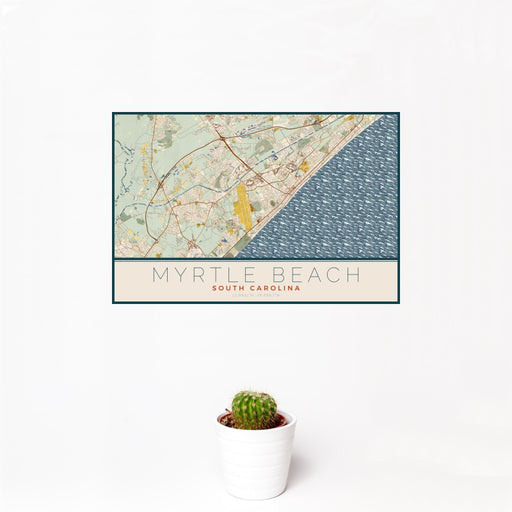 12x18 Myrtle Beach South Carolina Map Print Landscape Orientation in Woodblock Style With Small Cactus Plant in White Planter
