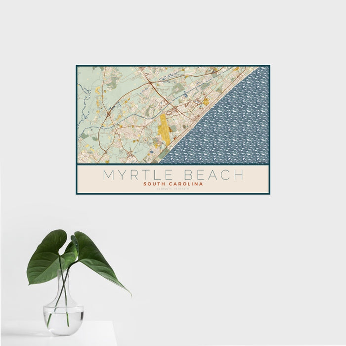 16x24 Myrtle Beach South Carolina Map Print Landscape Orientation in Woodblock Style With Tropical Plant Leaves in Water