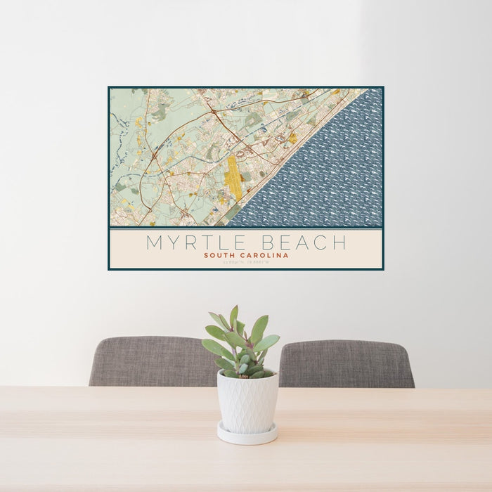 24x36 Myrtle Beach South Carolina Map Print Landscape Orientation in Woodblock Style Behind 2 Chairs Table and Potted Plant