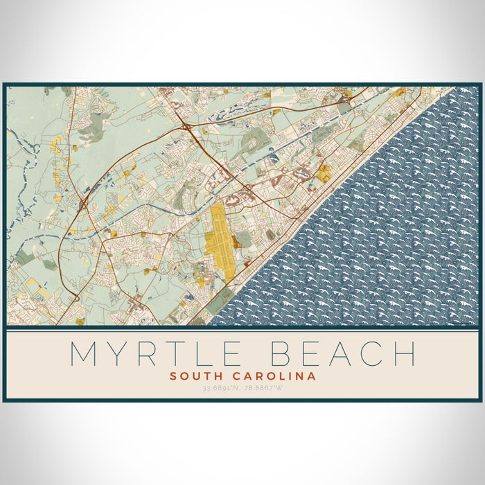 Myrtle Beach South Carolina Map Print Landscape Orientation in Woodblock Style With Shaded Background