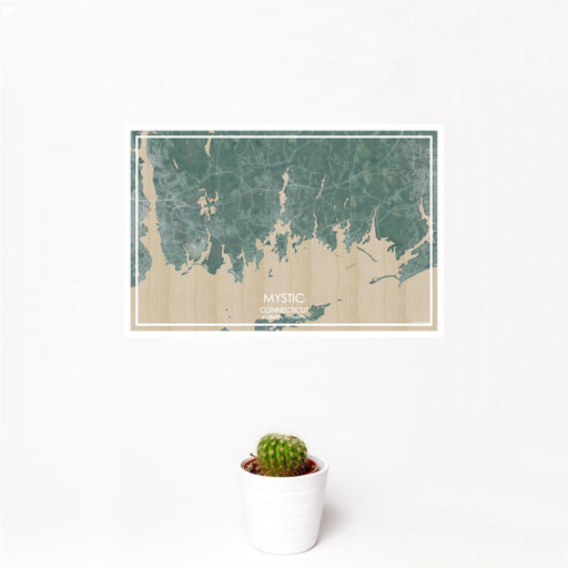 12x18 Mystic Connecticut Map Print Landscape Orientation in Afternoon Style With Small Cactus Plant in White Planter