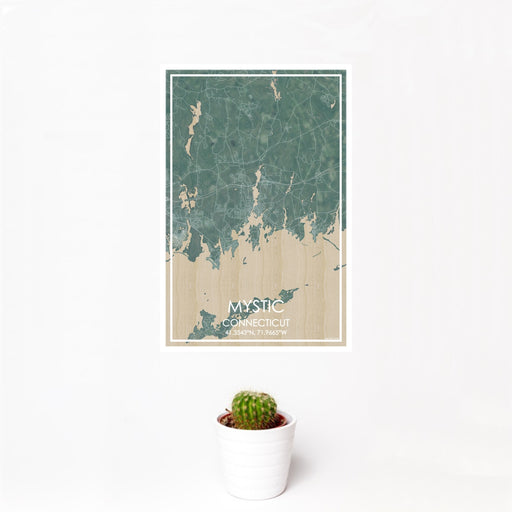 12x18 Mystic Connecticut Map Print Portrait Orientation in Afternoon Style With Small Cactus Plant in White Planter