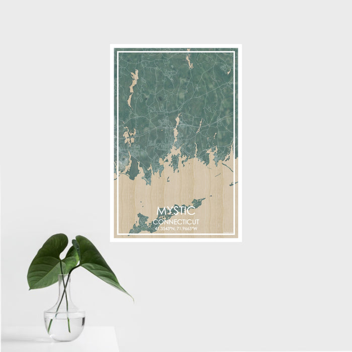 16x24 Mystic Connecticut Map Print Portrait Orientation in Afternoon Style With Tropical Plant Leaves in Water