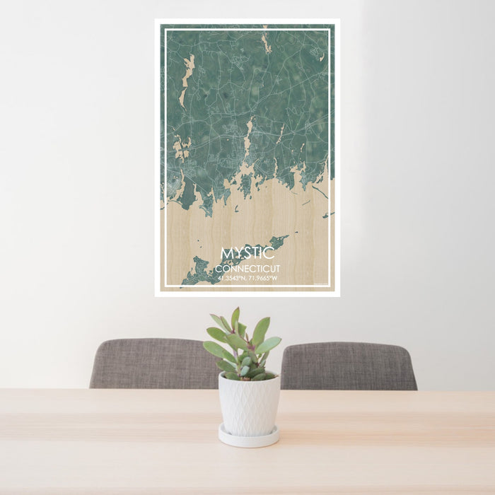 24x36 Mystic Connecticut Map Print Portrait Orientation in Afternoon Style Behind 2 Chairs Table and Potted Plant