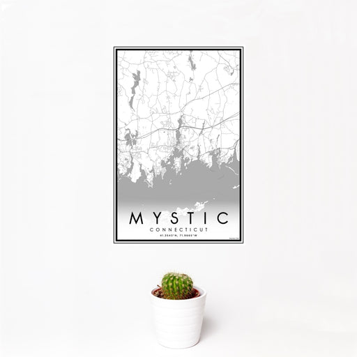 12x18 Mystic Connecticut Map Print Portrait Orientation in Classic Style With Small Cactus Plant in White Planter