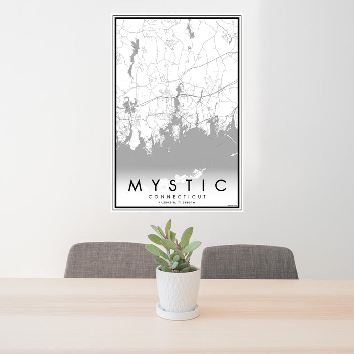 24x36 Mystic Connecticut Map Print Portrait Orientation in Classic Style Behind 2 Chairs Table and Potted Plant