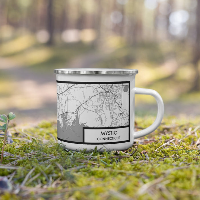 Right View Custom Mystic Connecticut Map Enamel Mug in Classic on Grass With Trees in Background