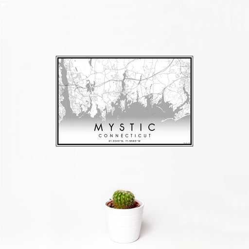 12x18 Mystic Connecticut Map Print Landscape Orientation in Classic Style With Small Cactus Plant in White Planter