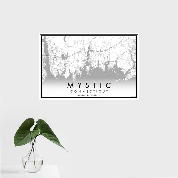 16x24 Mystic Connecticut Map Print Landscape Orientation in Classic Style With Tropical Plant Leaves in Water