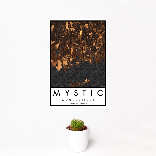 12x18 Mystic Connecticut Map Print Portrait Orientation in Ember Style With Small Cactus Plant in White Planter