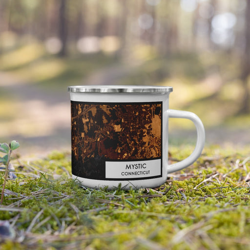 Right View Custom Mystic Connecticut Map Enamel Mug in Ember on Grass With Trees in Background
