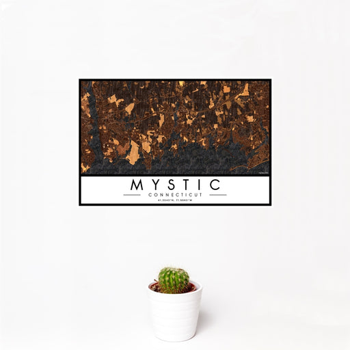 12x18 Mystic Connecticut Map Print Landscape Orientation in Ember Style With Small Cactus Plant in White Planter